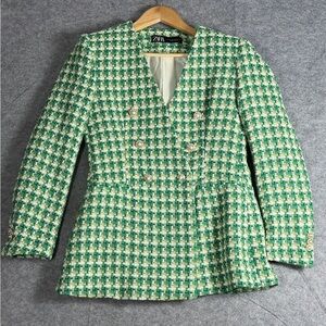 ZARA Green Bouclé Tweed Blazer Gold Button Quiet Luxury M
